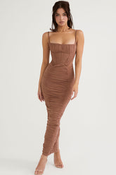 Robe longue moulante vintage à col carré et bretelles spaghetti froncées - Café